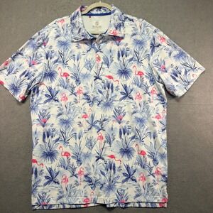 Scales Gear Mens Large Flamingo Tropical Performance Polo Shirt Blue Pink White